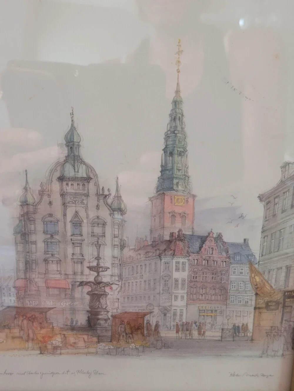 Mid-Century Danish Artist Mads Stage Copenhagen Cityscape Watercolor Print Frame
